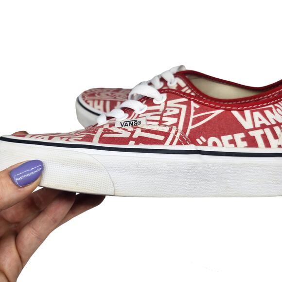 Vans Shoes Womens 5 Red White Low Tops Skater Preppy Comfy Spell Out Abstract - Picture 7 of 13